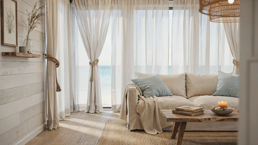 Braided rope curtain tie backs in a coastal-inspired living room