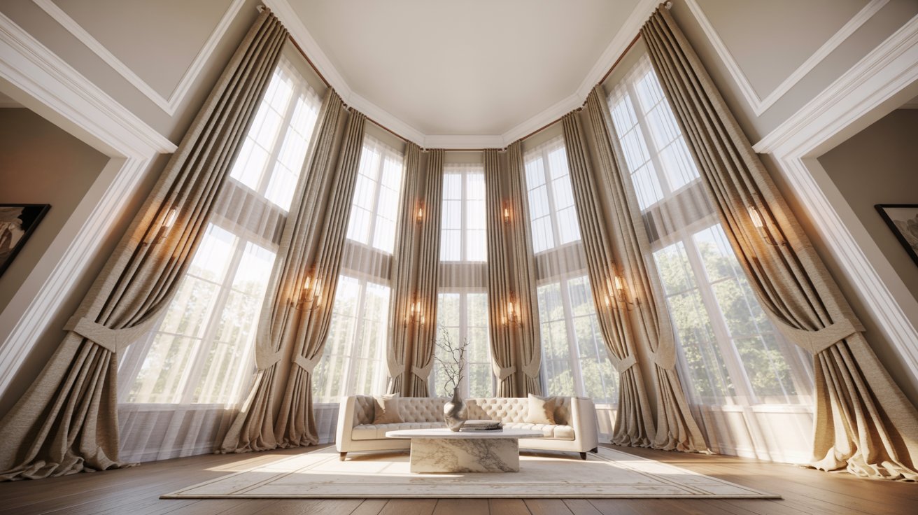 High-mounted curtains near ceiling creating taller window illusion in elegant living room.