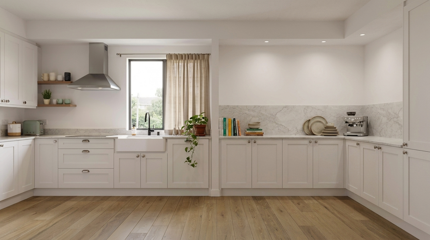 kitchen showing short café curtains in clean practical modern interiors.