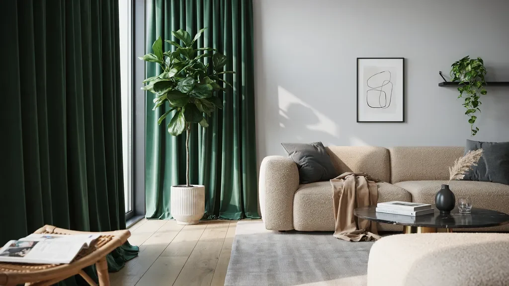 "Elegant gray living room with emerald green velvet curtains creating rich natural contrast and modern sophistication"