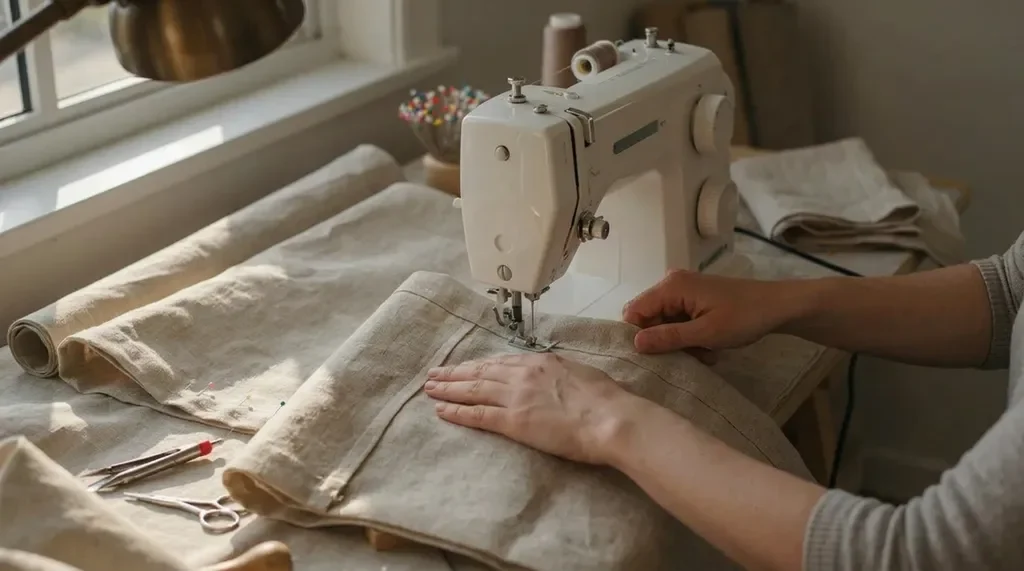 Sewing a curtain rod pocket at the top of the fabric for easy hanging.