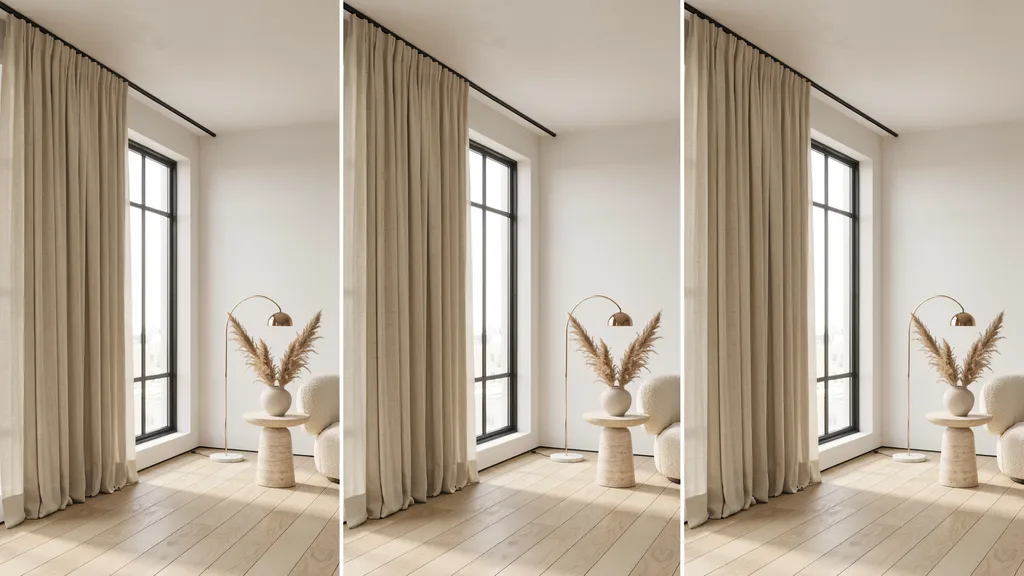 "Modern living room triptych showing three curtain length styles for 8-foot ceilings: floor-skimming, slight clearance, and soft floor break designs."