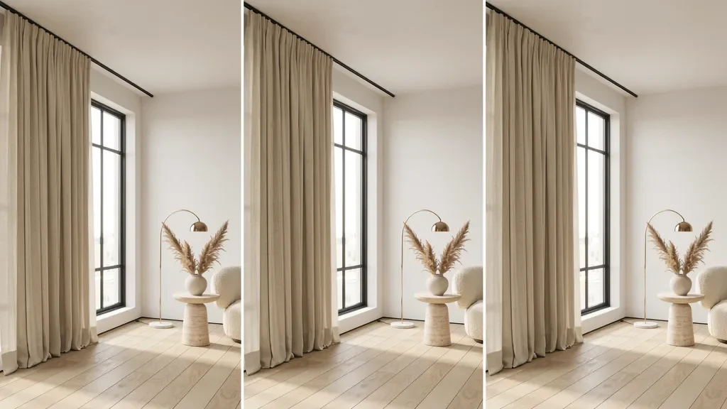 "Modern living room triptych showing three curtain length styles for 8-foot ceilings: floor-skimming, slight clearance, and soft floor break designs."