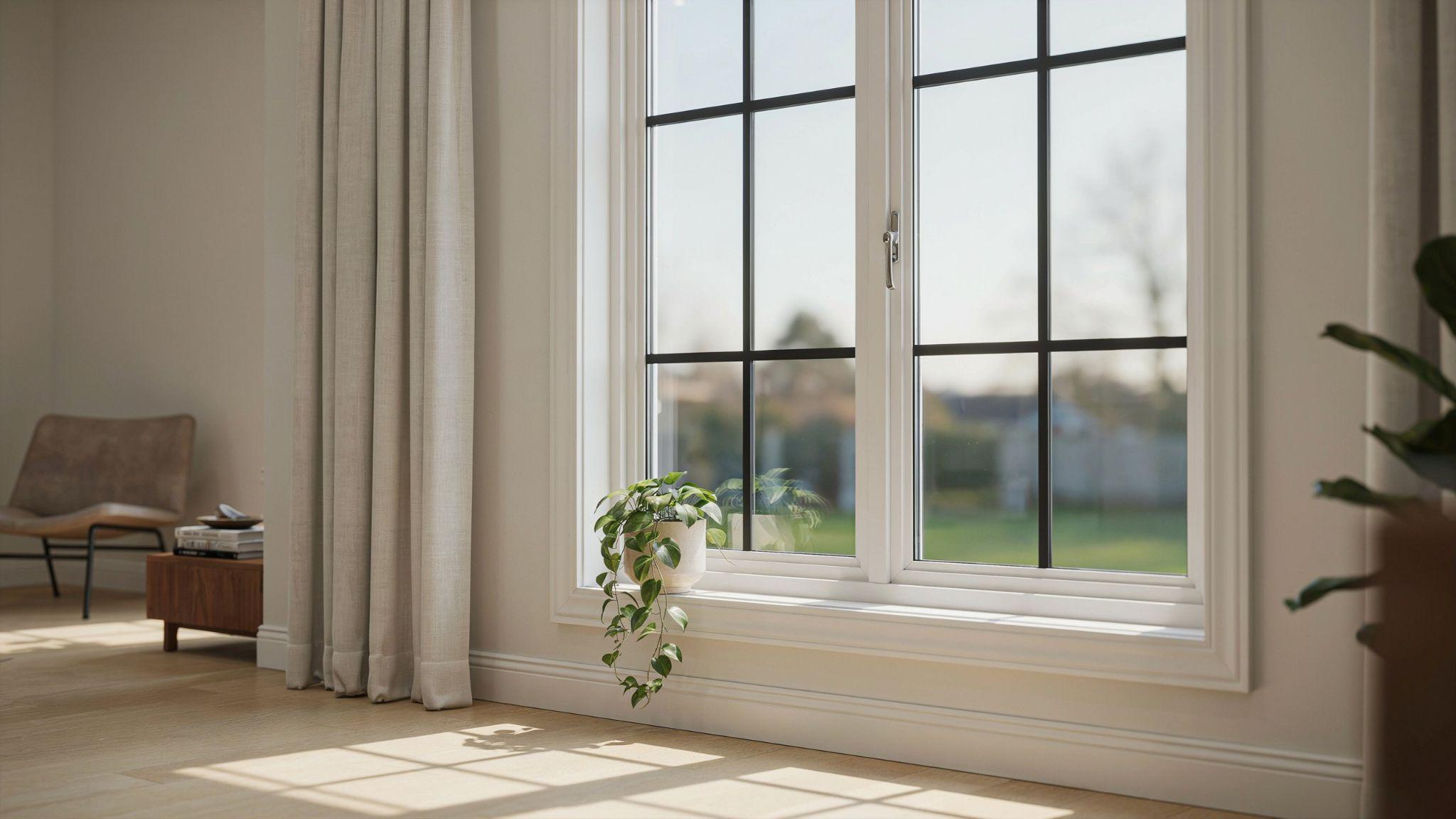 Detailed residential window showcasing frame sash glass and hardware in bright modern interior