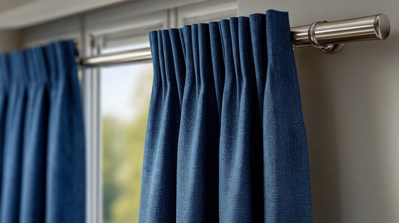 Close-up of a blue pinch pleat curtain panel on a silver rod, showing deep folds and fabric fullness.