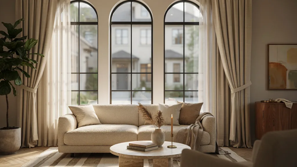 Layered drapes and sheers on three realistic side-by-side windows.