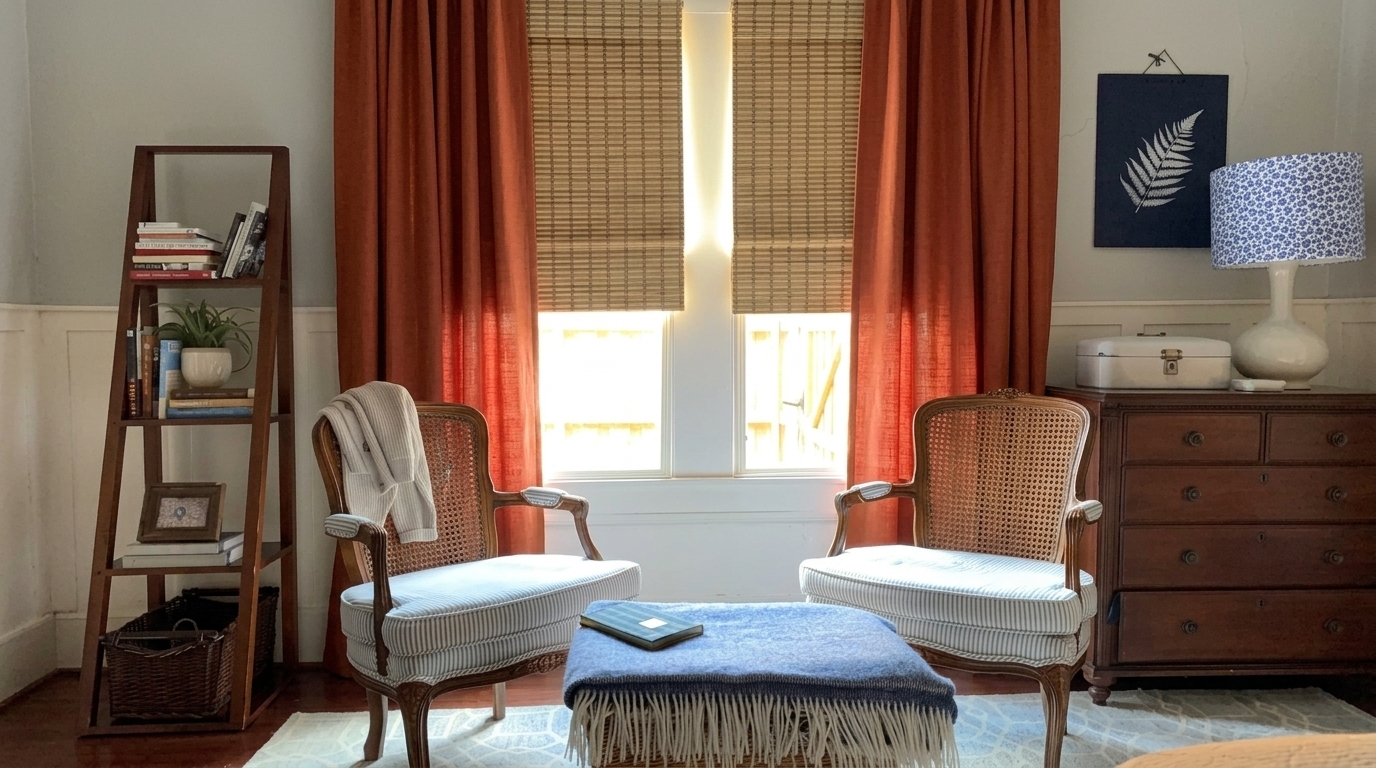 Two floor-length burnt orange curtain panels frame a set of double windows, layered over woven bamboo shades.