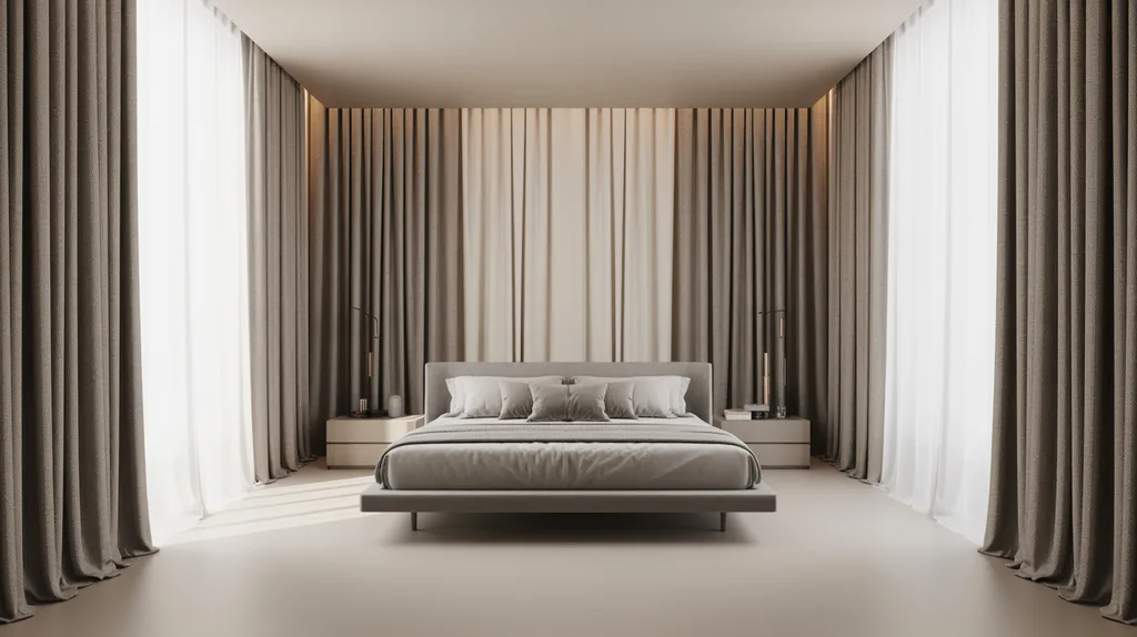 Curtains used only behind bed area as a focused accent wall.