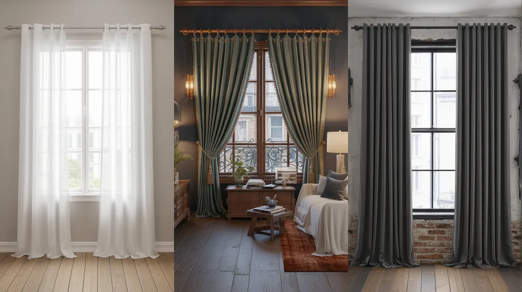 Three interior styles showing how curtain rod thickness and design match minimalist, luxury, and industrial home aesthetics.