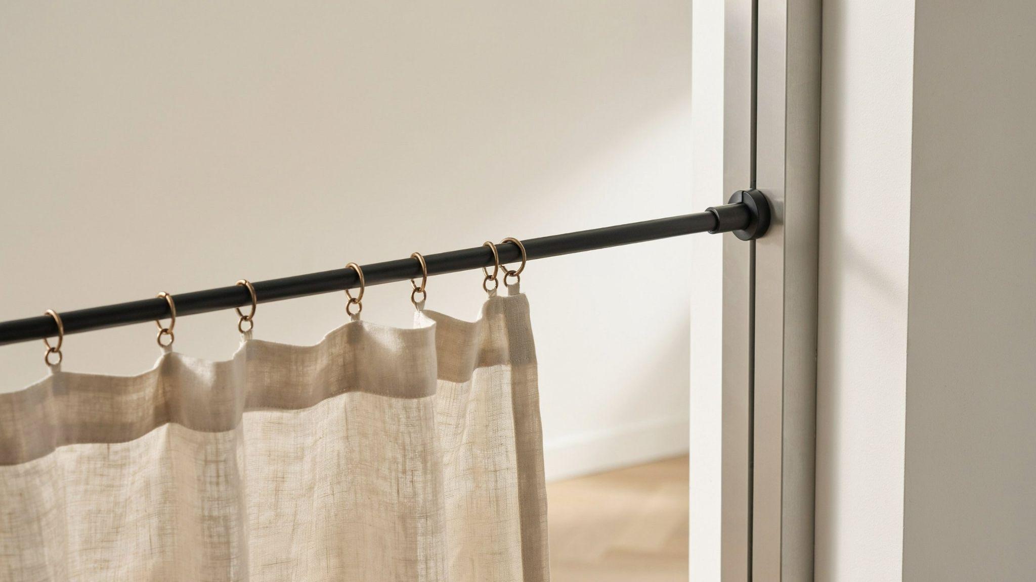 Magnetic curtain rod attached to metal door holding light curtain in simple interior setup