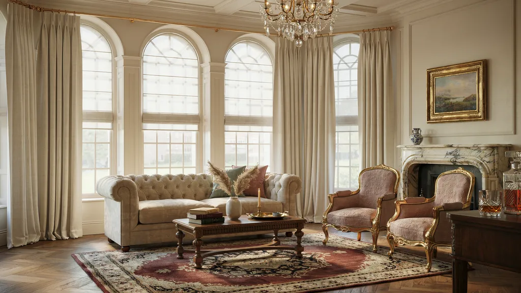 Floor-length curtains with Roman blinds in an elegant luxury living room
