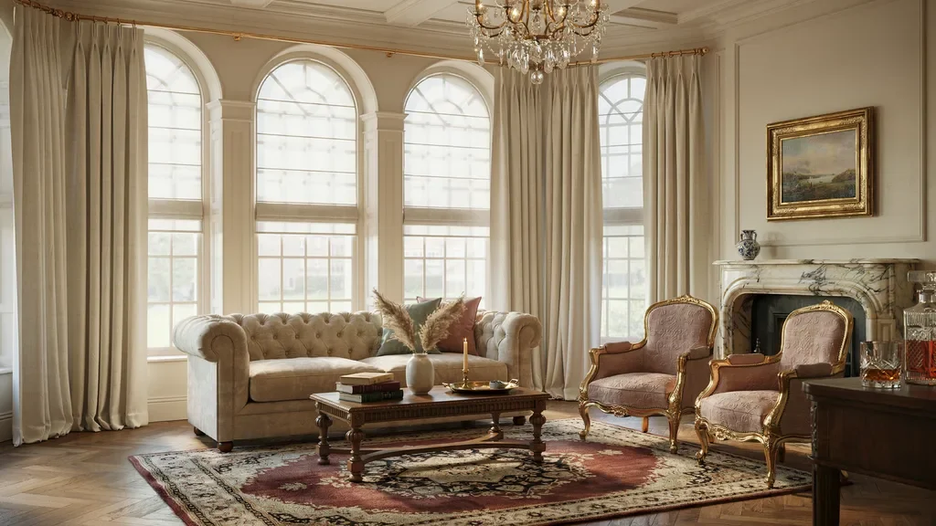 Floor-length curtains with Roman blinds in an elegant luxury living room
