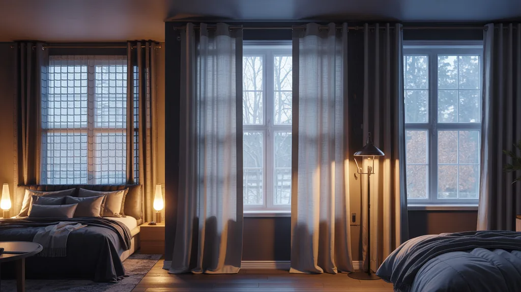 Room showing three blackout curtain setups illustrating issues like thin fabric, gaps, and poor installation reducing winter insulation.