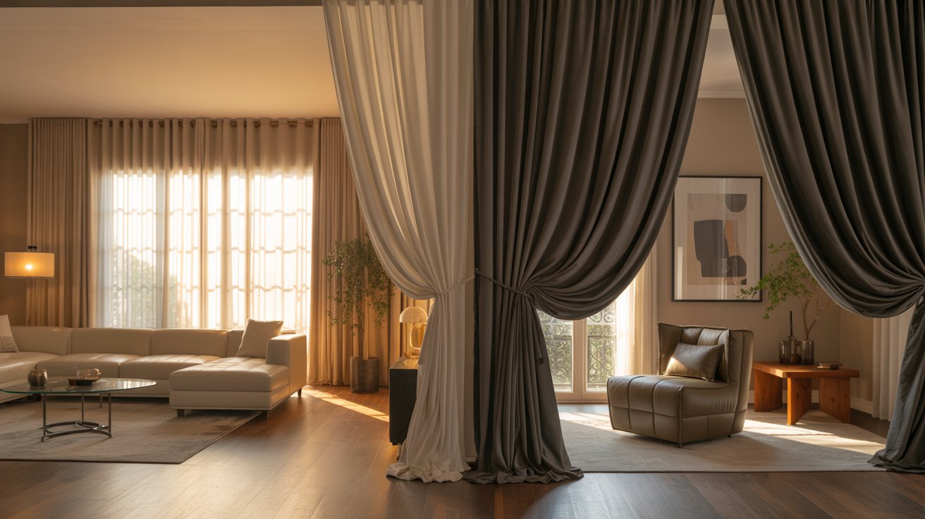 "Contemporary living room showing how sheer and velvet curtains change lighting, warmth, and overall room atmosphere."