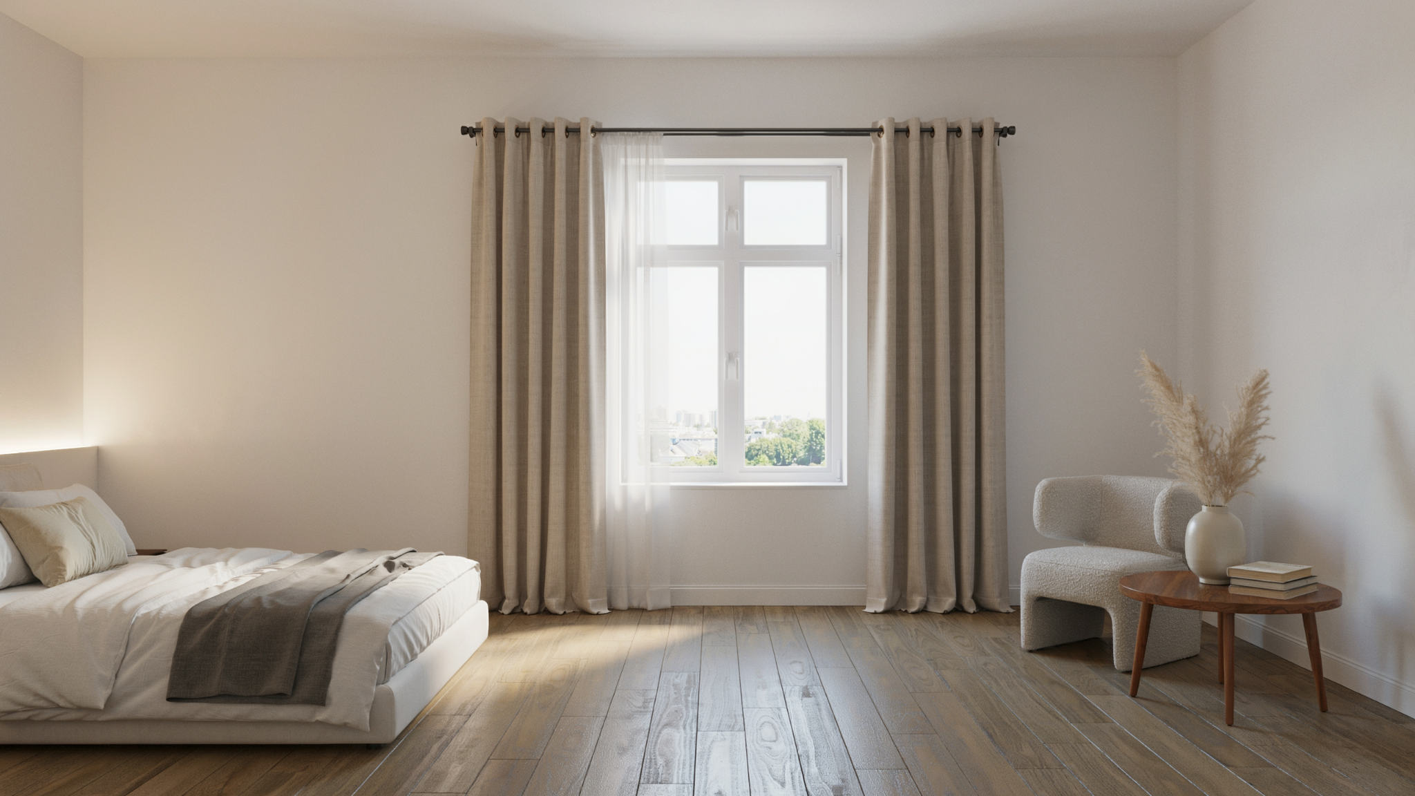 standard window with correctly placed curtain rod brackets showing balanced spacing and height in the modern interior design scene.