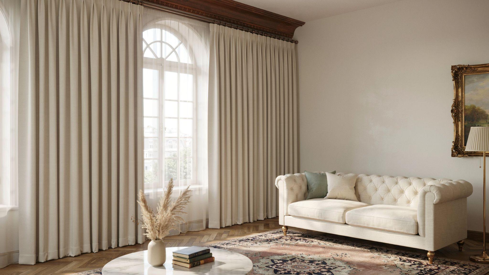Flemish pleat curtains supported by hidden pleat hooks.