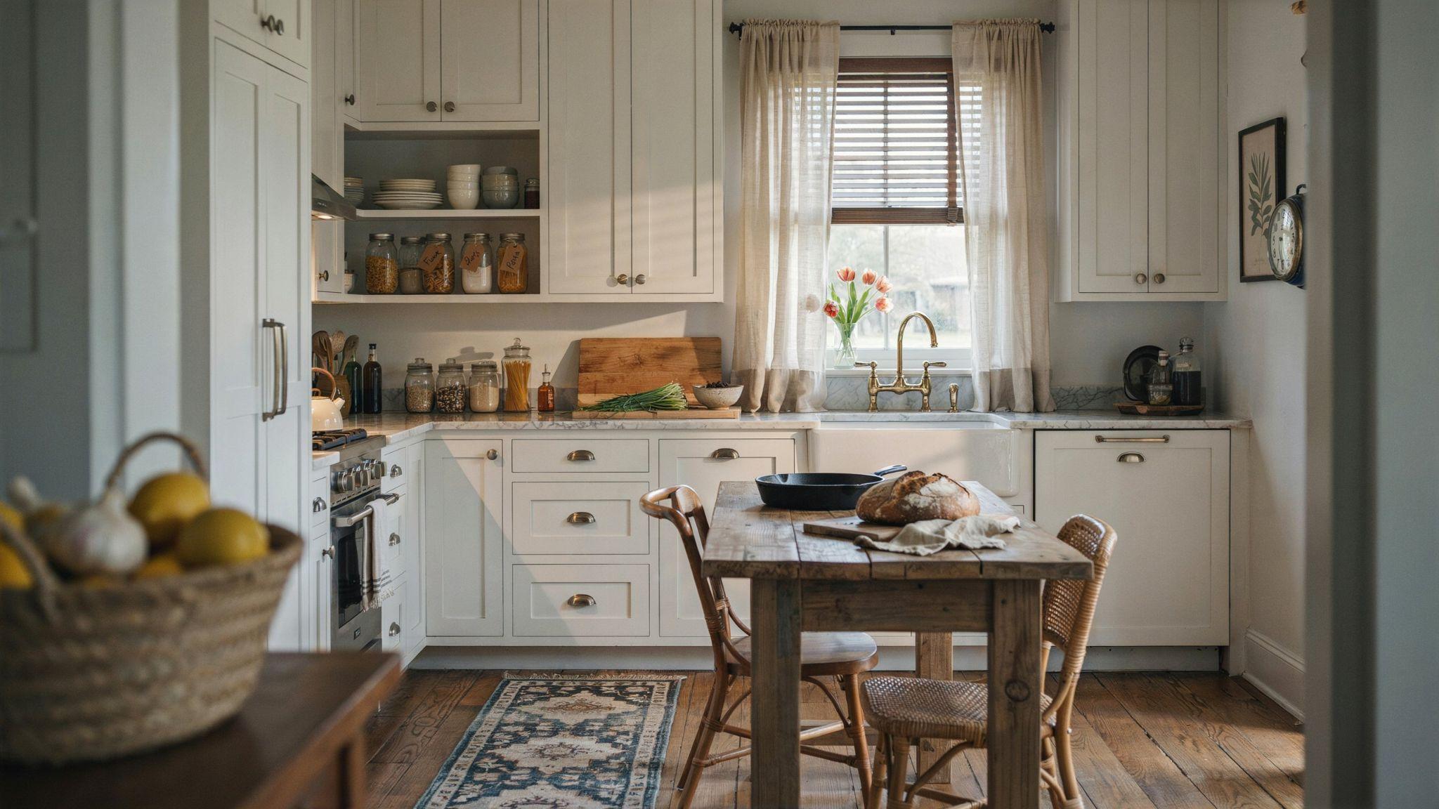 Farmhouse curtains paired with faux wood blinds.