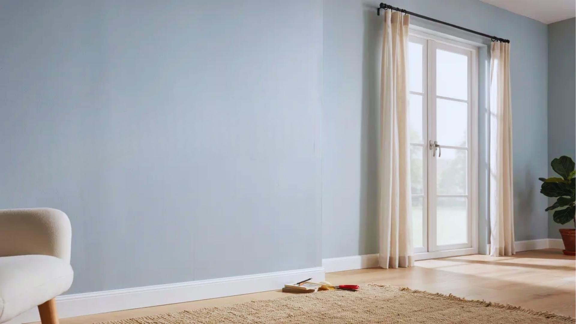 DIY interior showing curtain rod bracket placement concept with measuring tools and marked window frame for proper alignment.