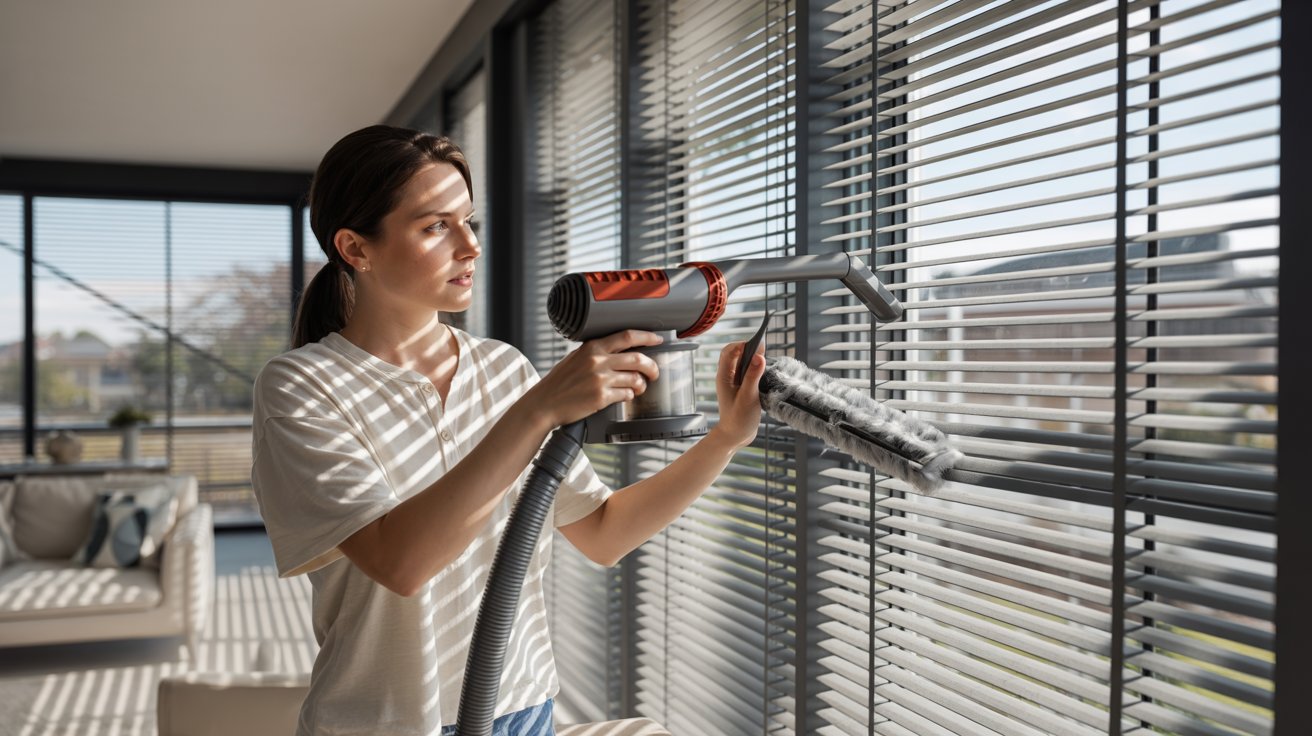 Vacuum brush attachment removing dust from honeycomb blind pleats with gentle suction