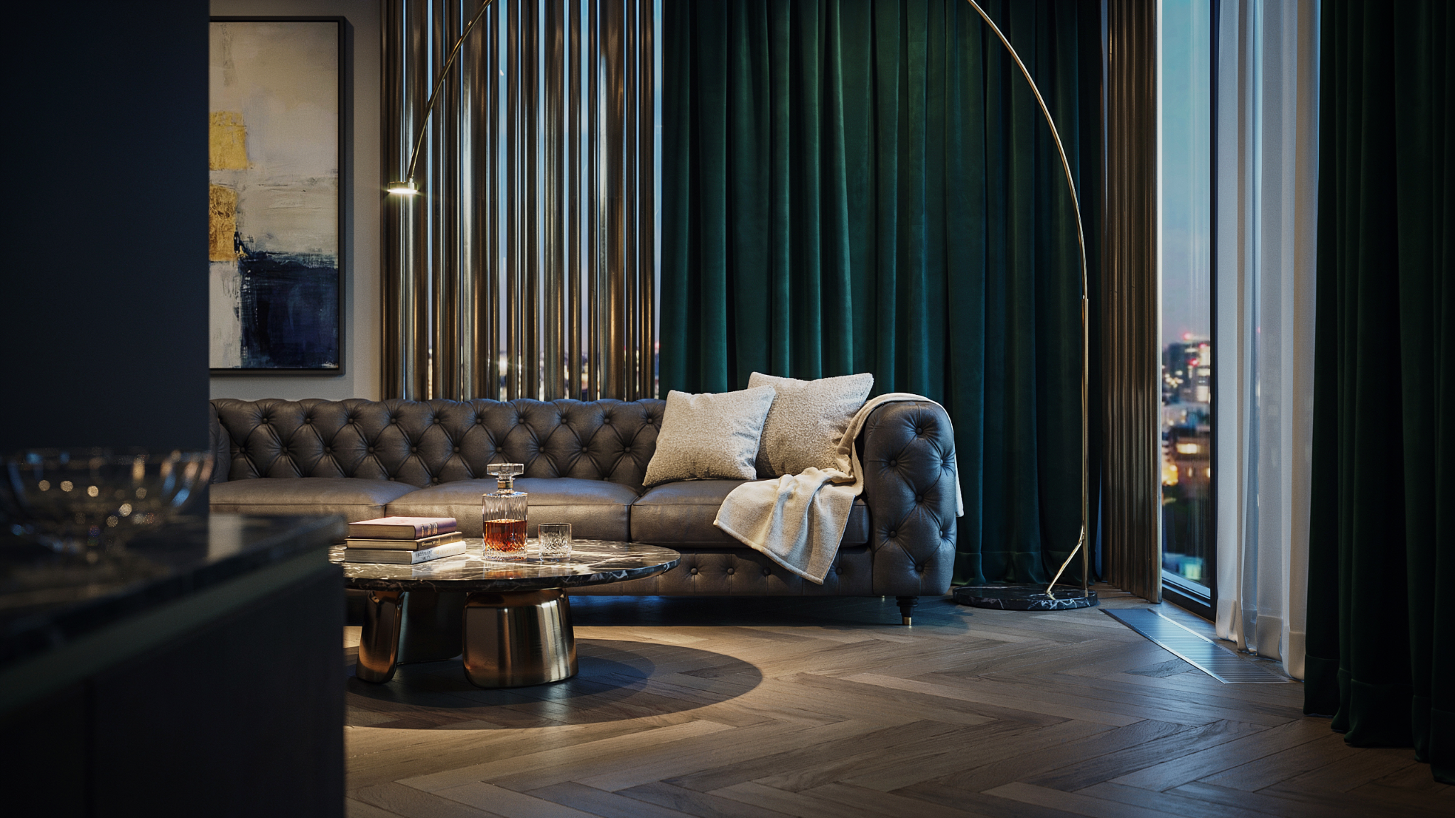 Velvet curtains with metallic blinds in a luxurious dramatic interior
