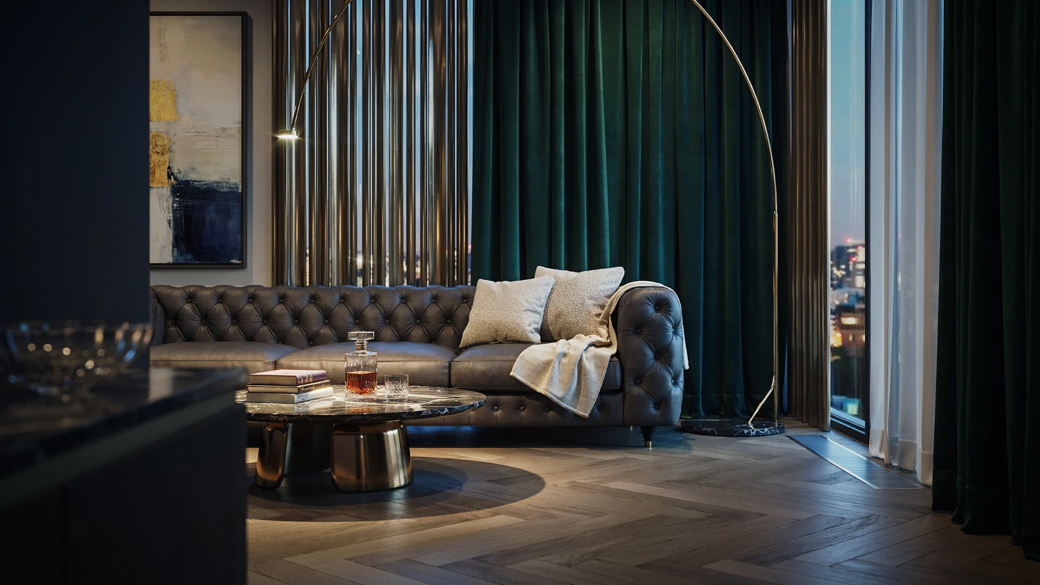 Velvet curtains with metallic blinds in a luxurious dramatic interior