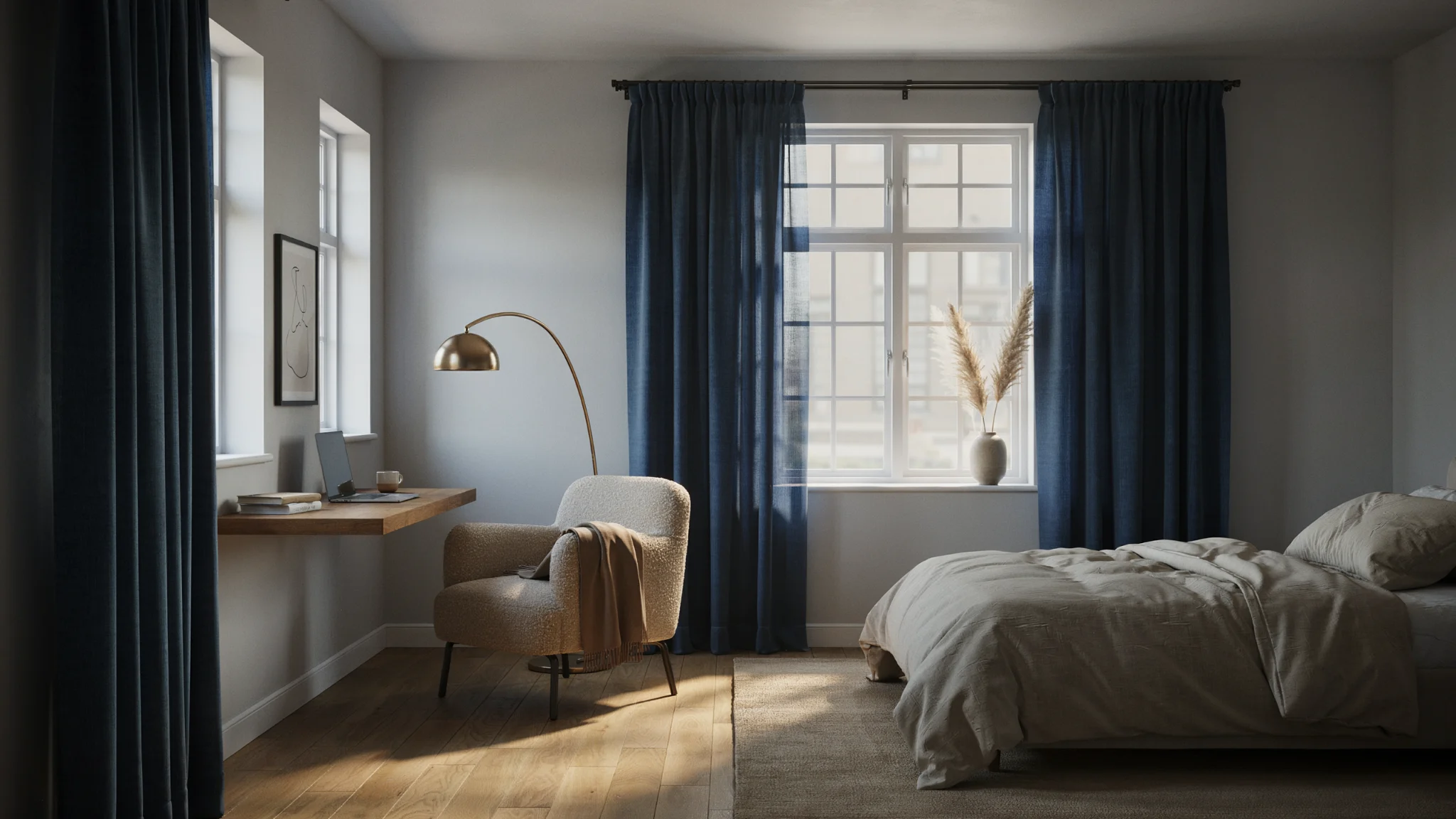 "Modern gray room with navy blue curtains adding depth and elegance to a calm neutral interior"