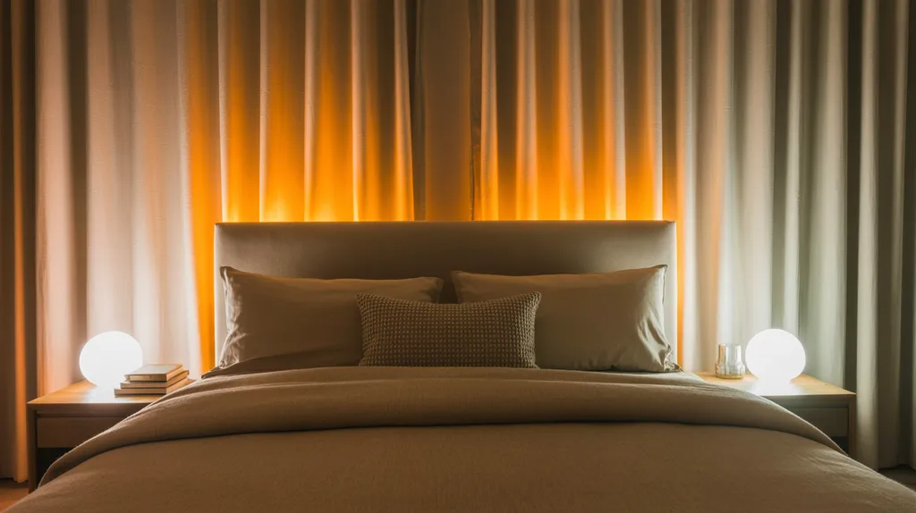 Curtains glowing softly from hidden LED lighting behind the bed.