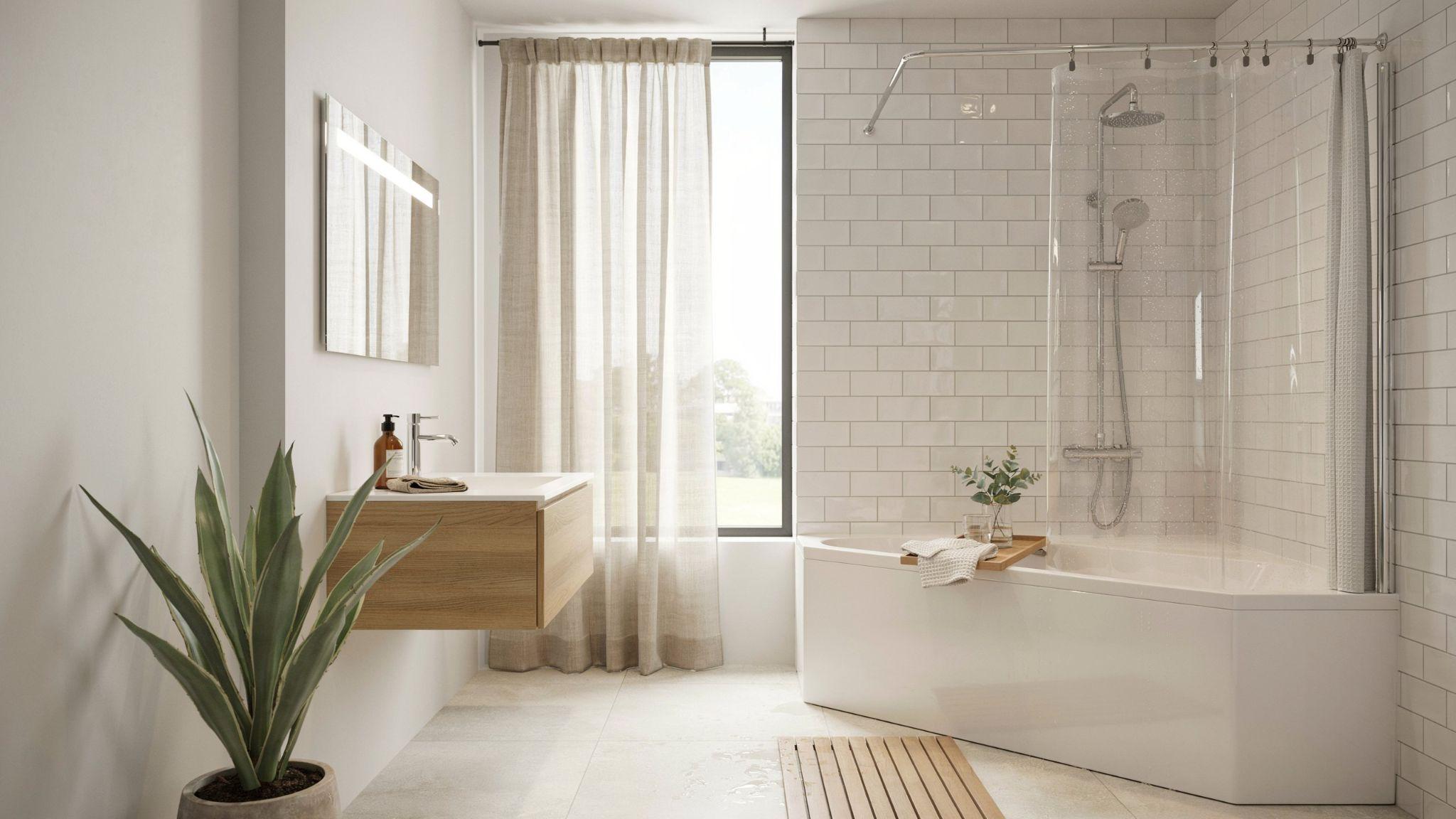 Waterproof shower curtain liner inside bathtub protecting bathroom from water splashes and moisture.