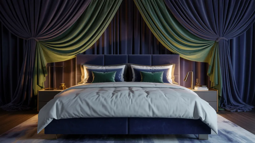 Luxury bedroom with velvet curtains creating a rich and dramatic bed backdrop.