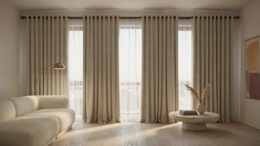 Large curtain panel supported by multiple curtain rings.