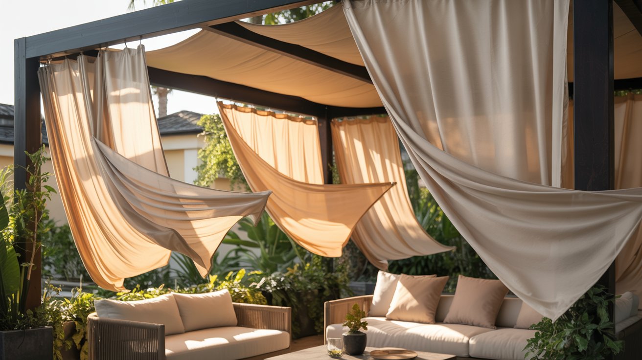 "Outdoor patio with weather-resistant curtains providing shade, privacy, and airflow in a relaxed stylish setting."