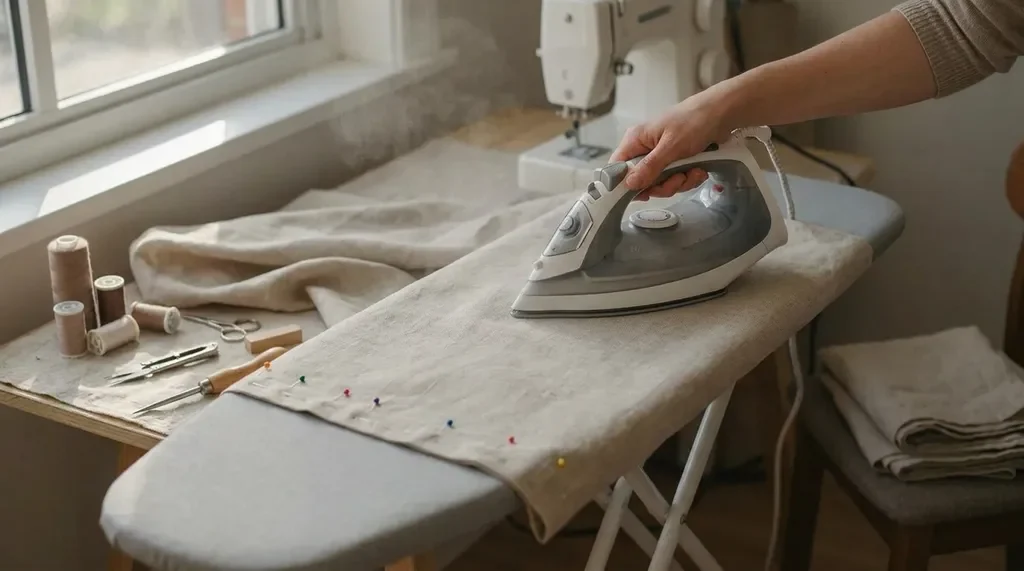 Preparing curtain fabric by washing, drying, and ironing before sewing.