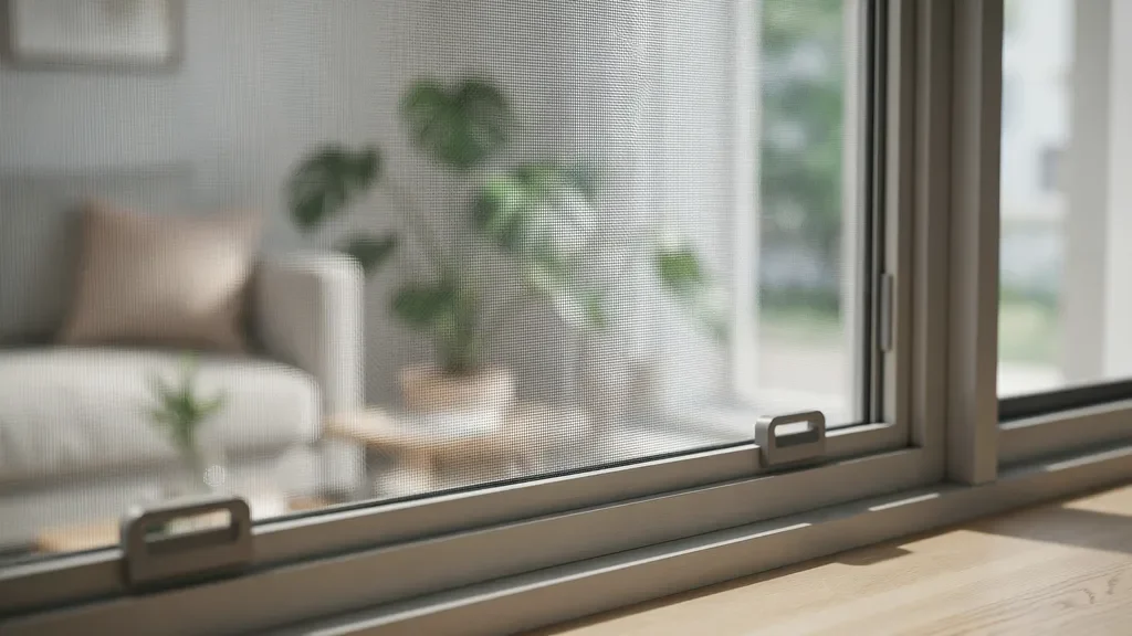 "Close-up of a window screen showing pull tabs at the corners and edges for safe removal from the frame."