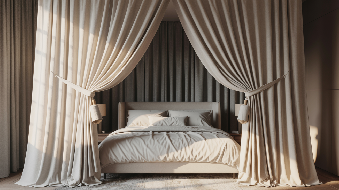 Layered sheer and blackout curtains creating depth behind the bed.