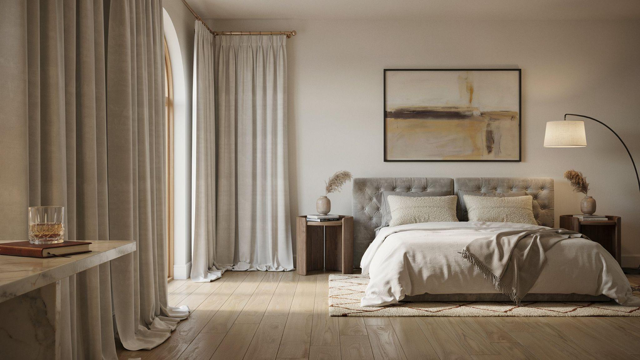 Puddle length curtains creating a dramatic luxurious interior design statement