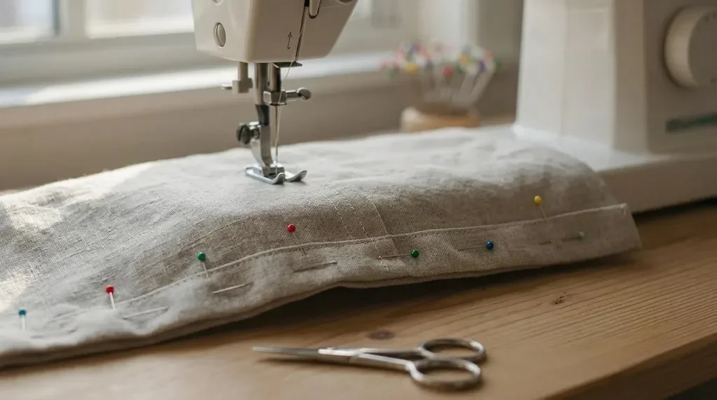 Sewing neat side hems on curtain fabric to create clean finished edges.