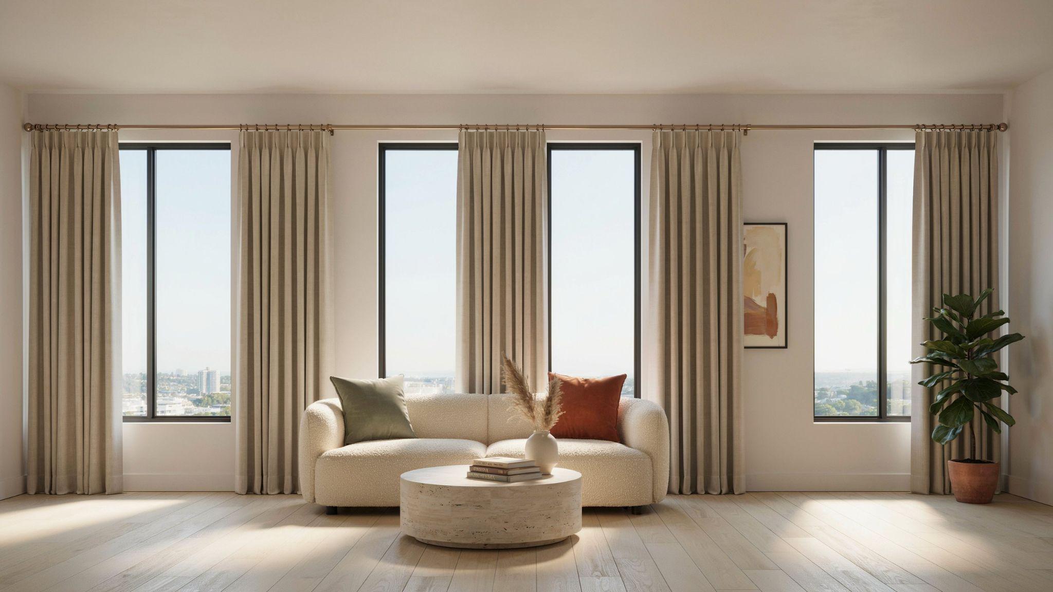 Three windows connected by one long curtain rod for seamless appearance.