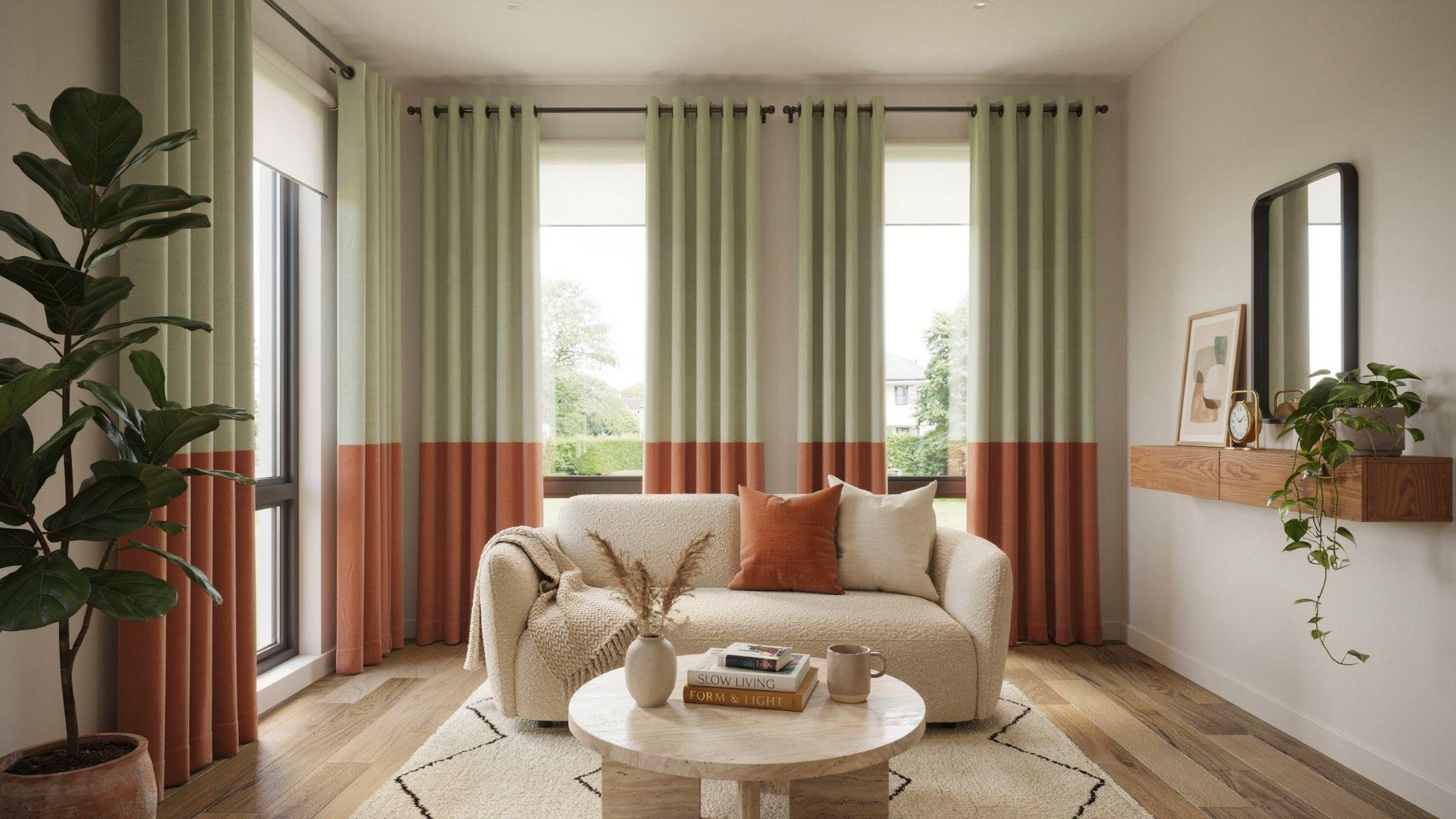 Two-tone curtains layered over roller shades.
