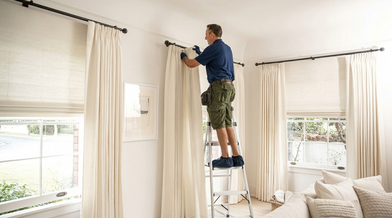 Professional on a ladder adjusting cream curtains on black rods mounted high above multiple windows.