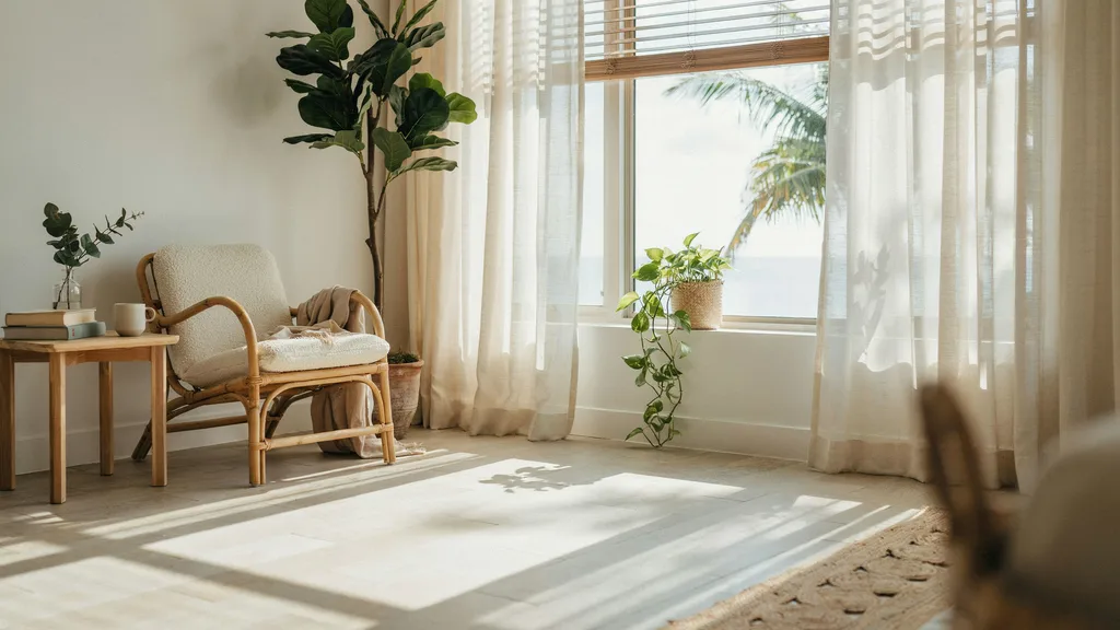Sheer white curtains with bamboo blinds in a tropical natural interior