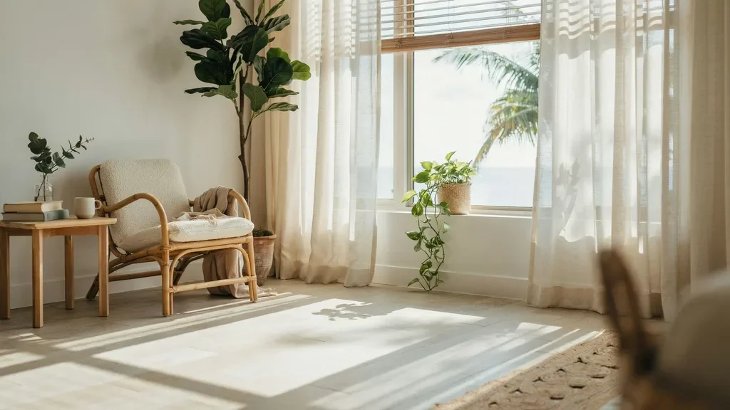 Sheer white curtains with bamboo blinds in a tropical natural interior