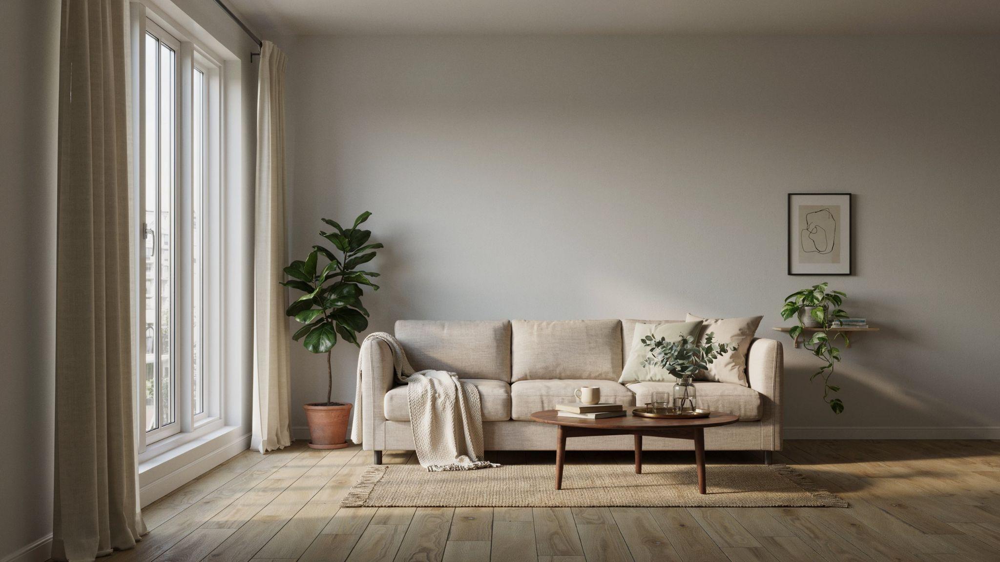 "Cozy modern gray living room with beige curtains and warm natural wood accents creating a balanced neutral interior"
