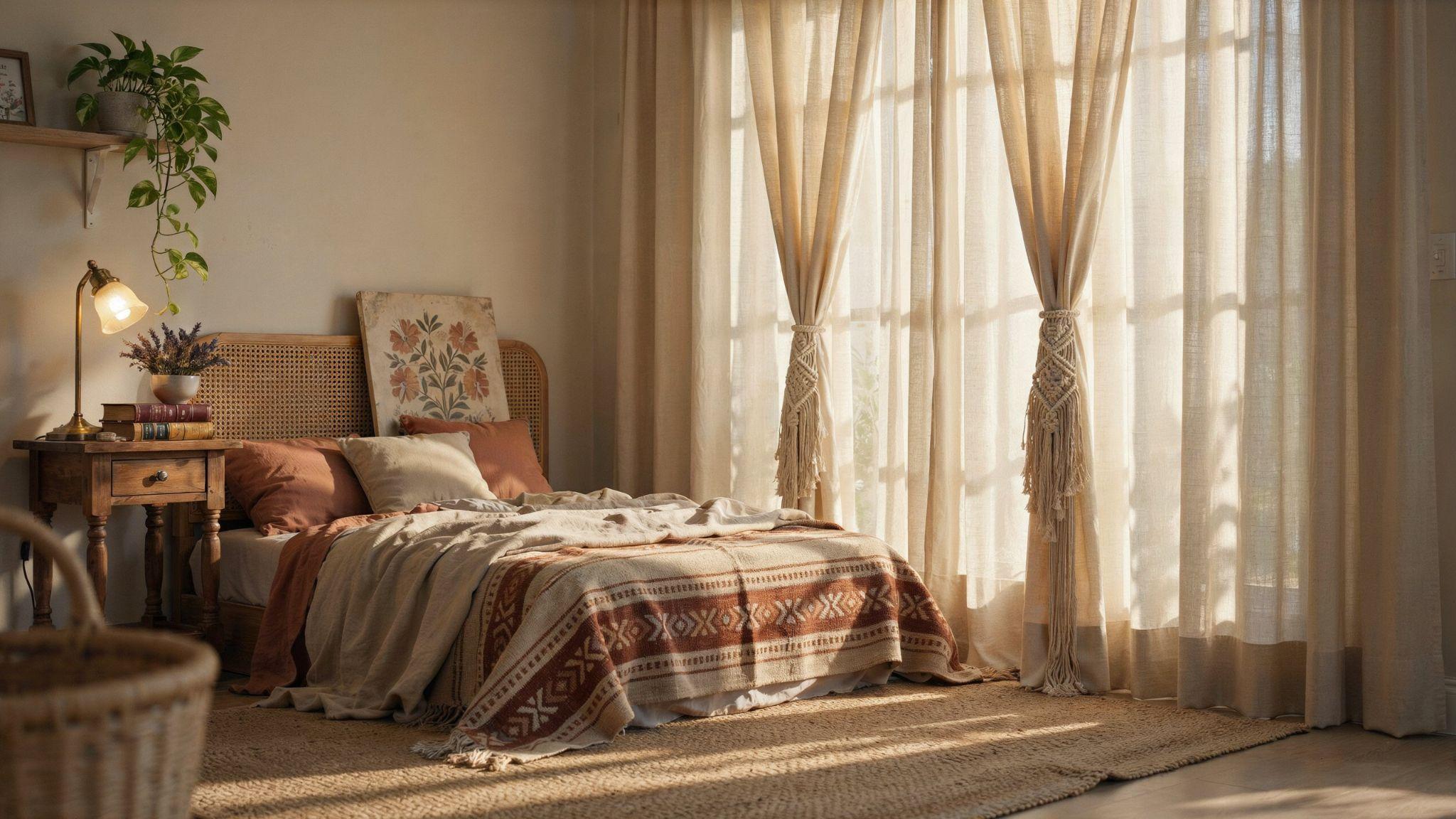 Sunlit boho bedroom with sheer curtains held by intricate DIY macrame tie backs with long fringe.