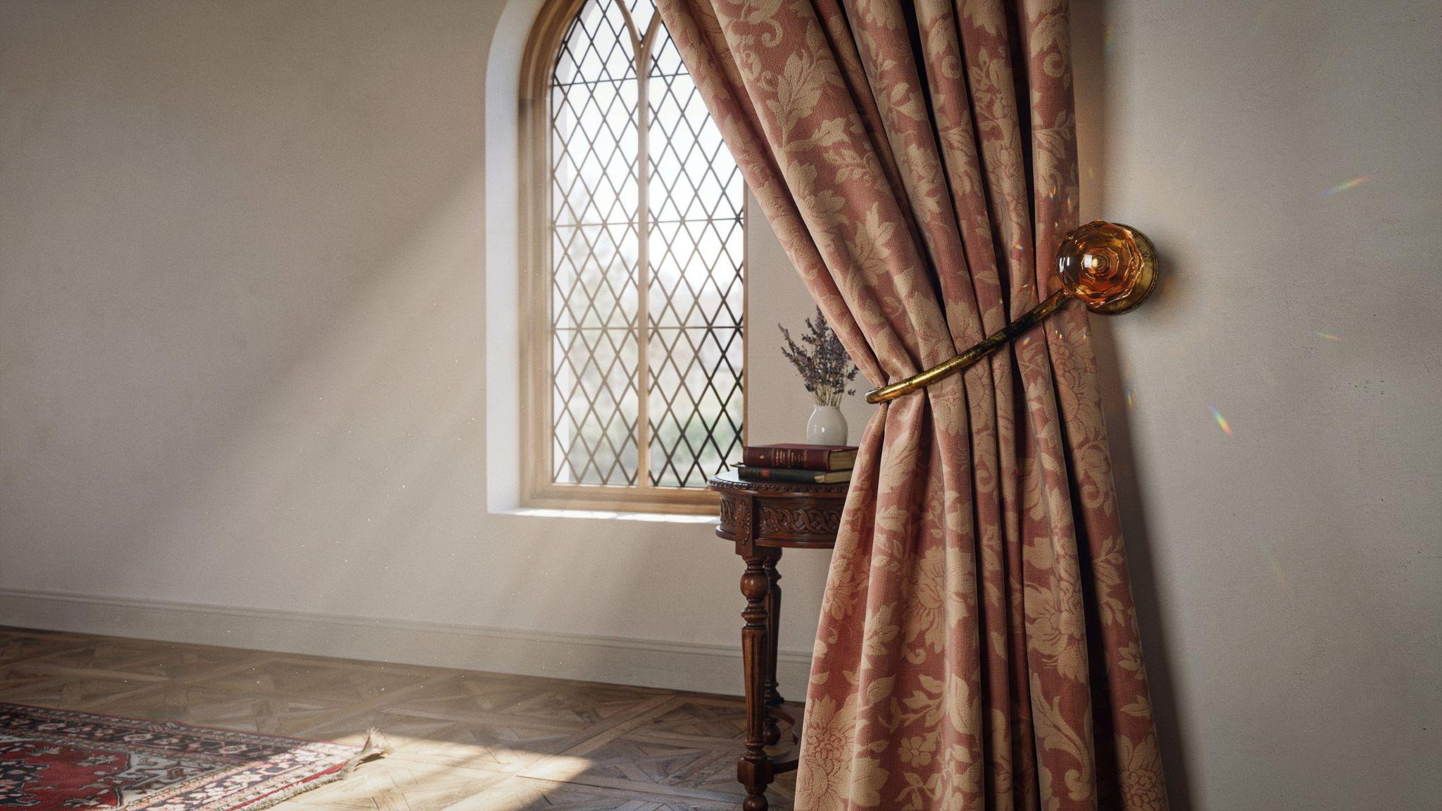 Curtains gathered around a vintage glass doorknob tie back in a classic room.