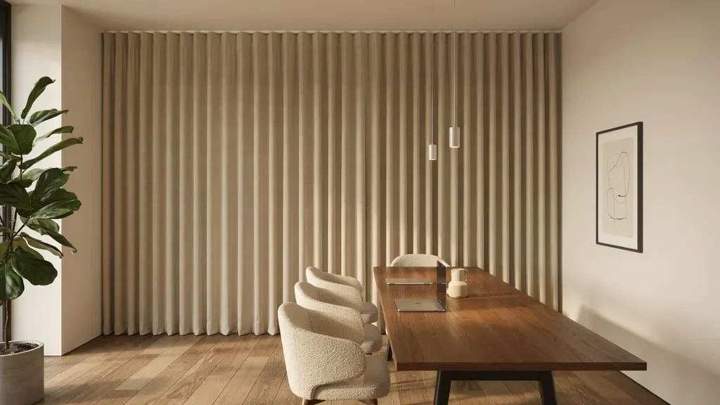 Box pleat curtains with structured geometric folds in a modern interior.