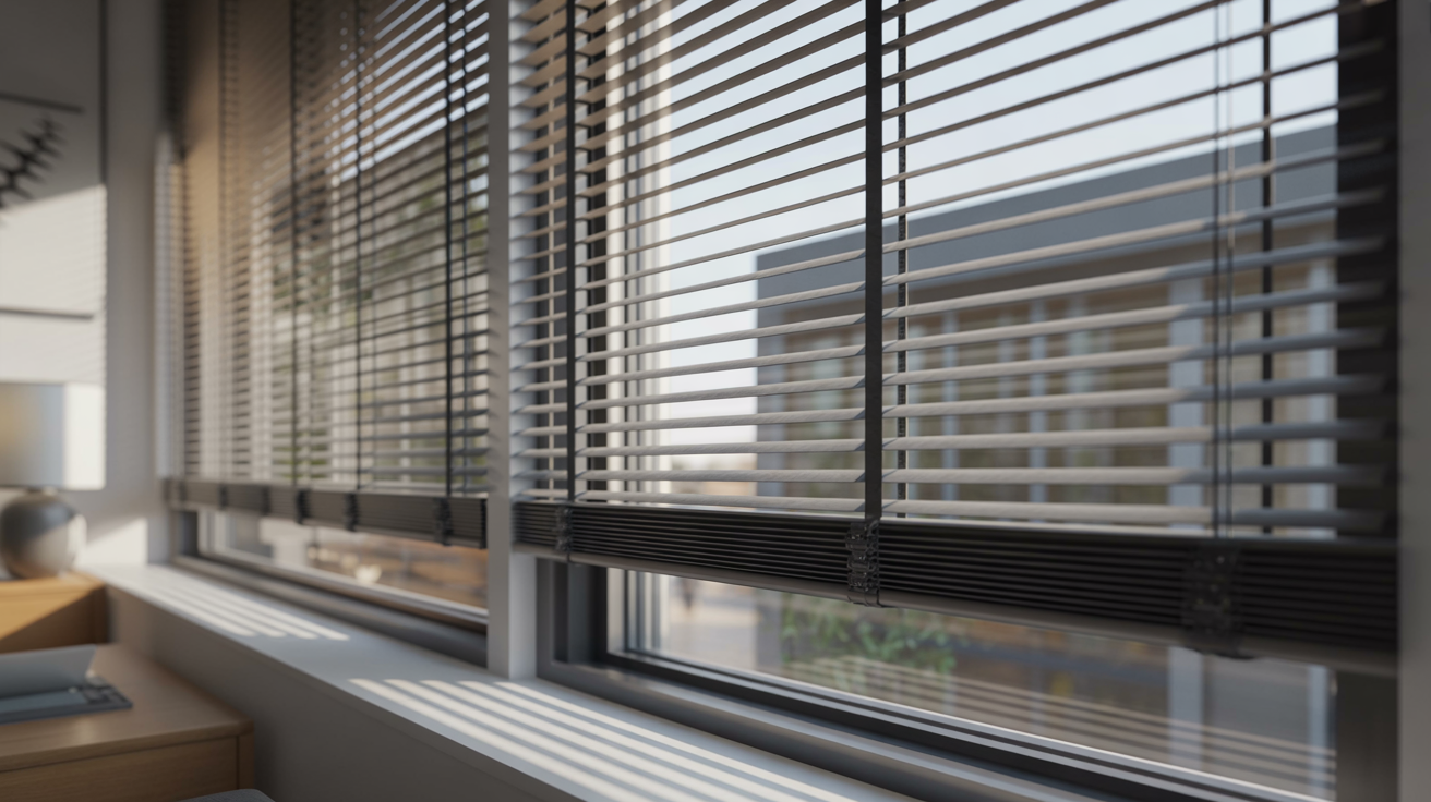 "Modern cordless window blinds lowered smoothly to the desired height in a bright contemporary home."