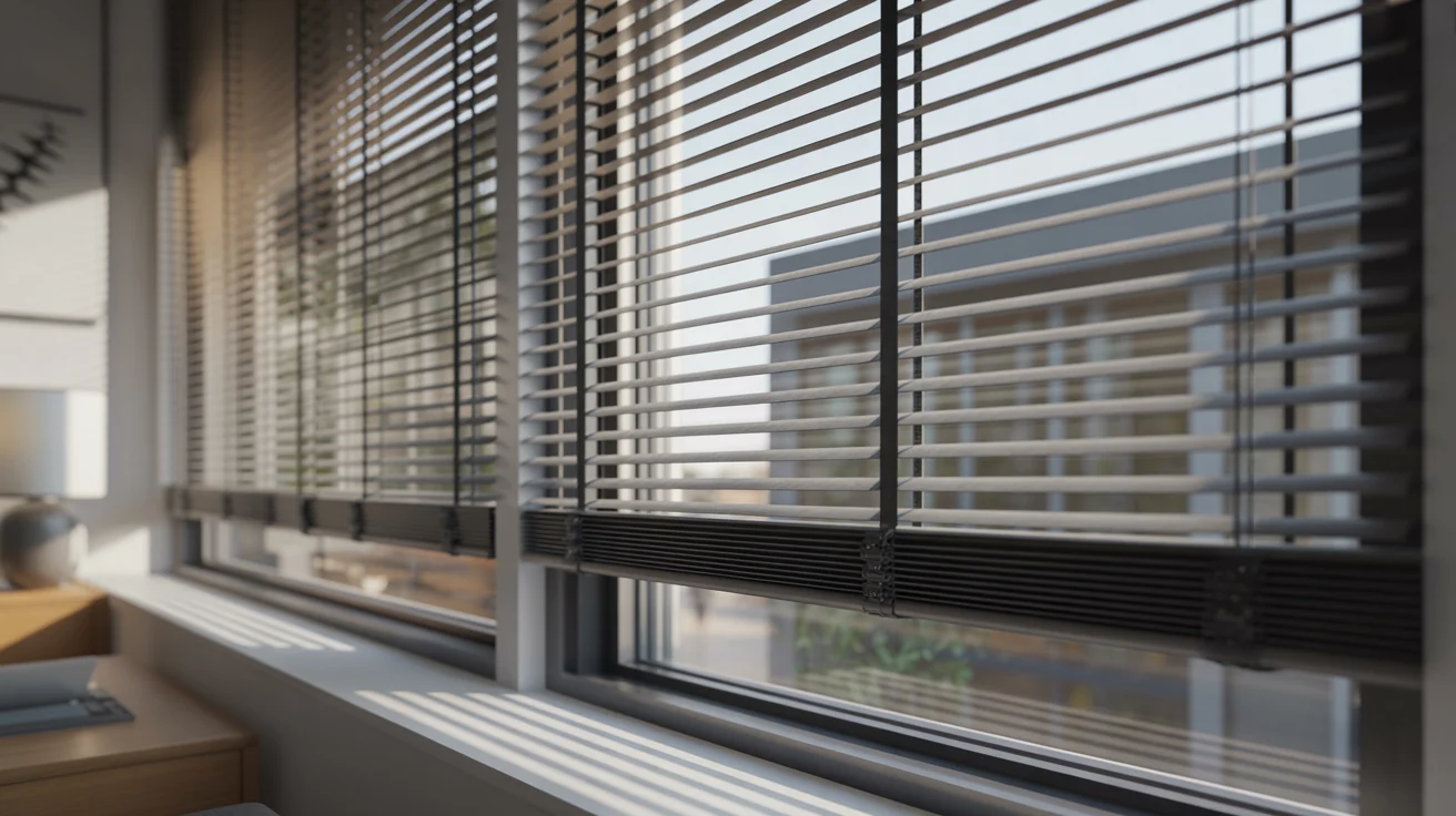 "Modern cordless window blinds lowered smoothly to the desired height in a bright contemporary home."