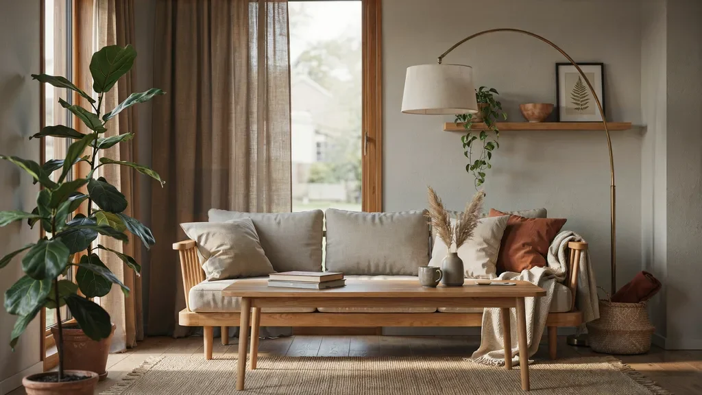 "Cozy rustic gray living room with earth-toned brown curtains and warm wooden natural decor accents"