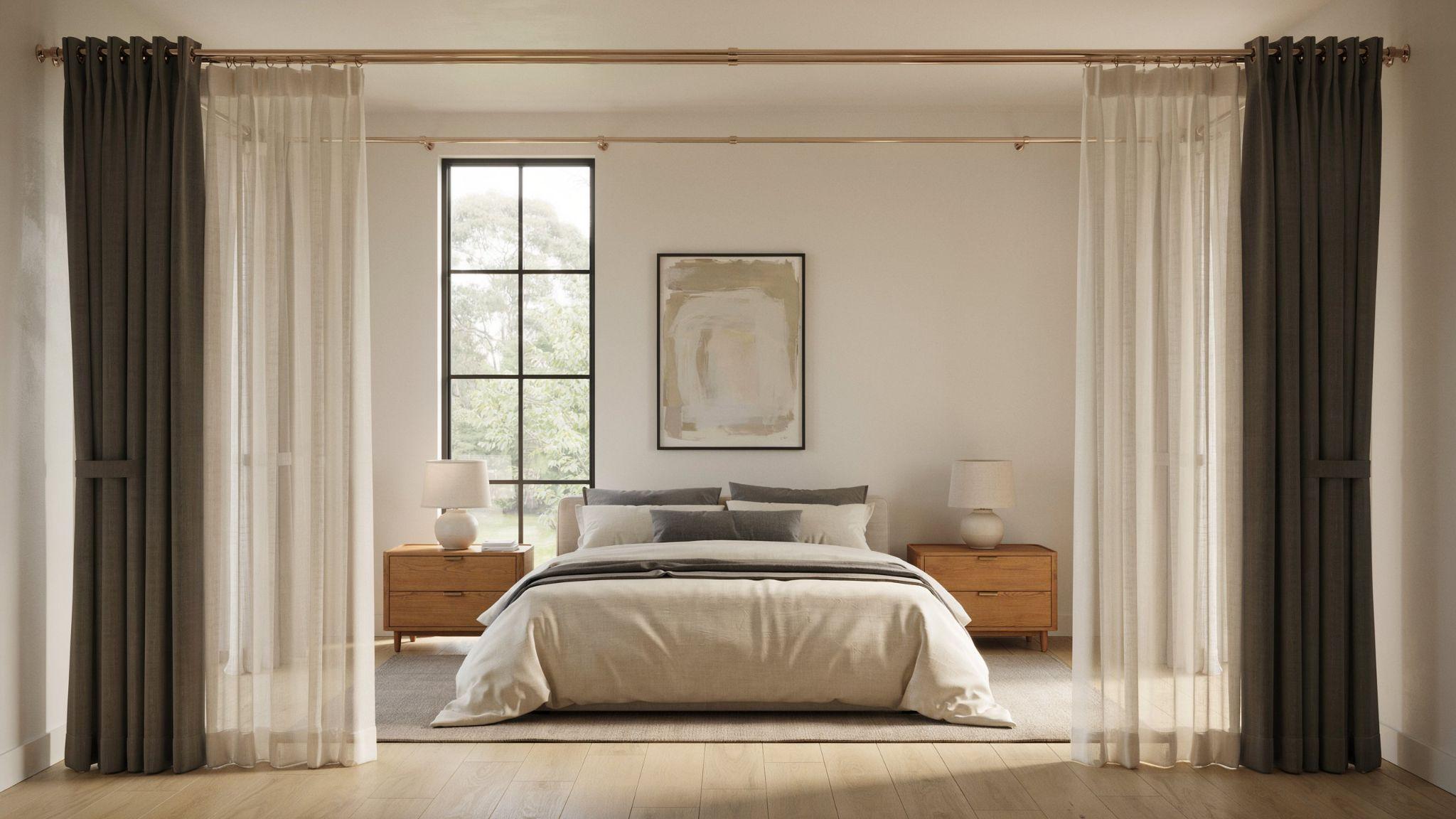 Double curtain rod with layered sheer and blackout curtains in elegant bedroom interior design