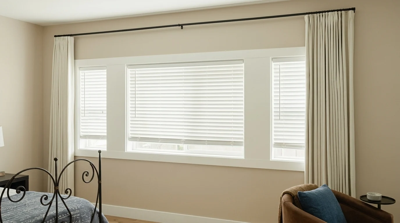 Single long black curtain rod mounted near the ceiling, spanning the full width of a triple window.